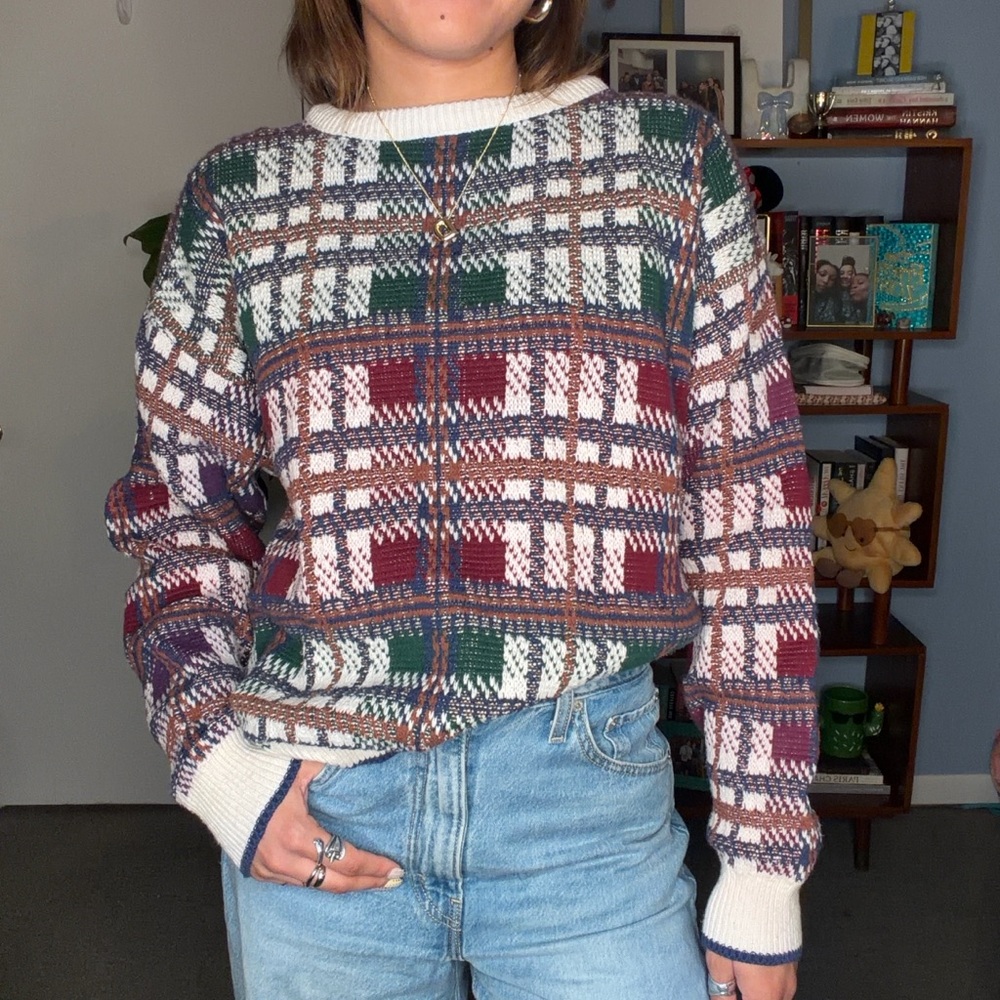 Chaps Red and Green Plaid Crew Neck Sweater